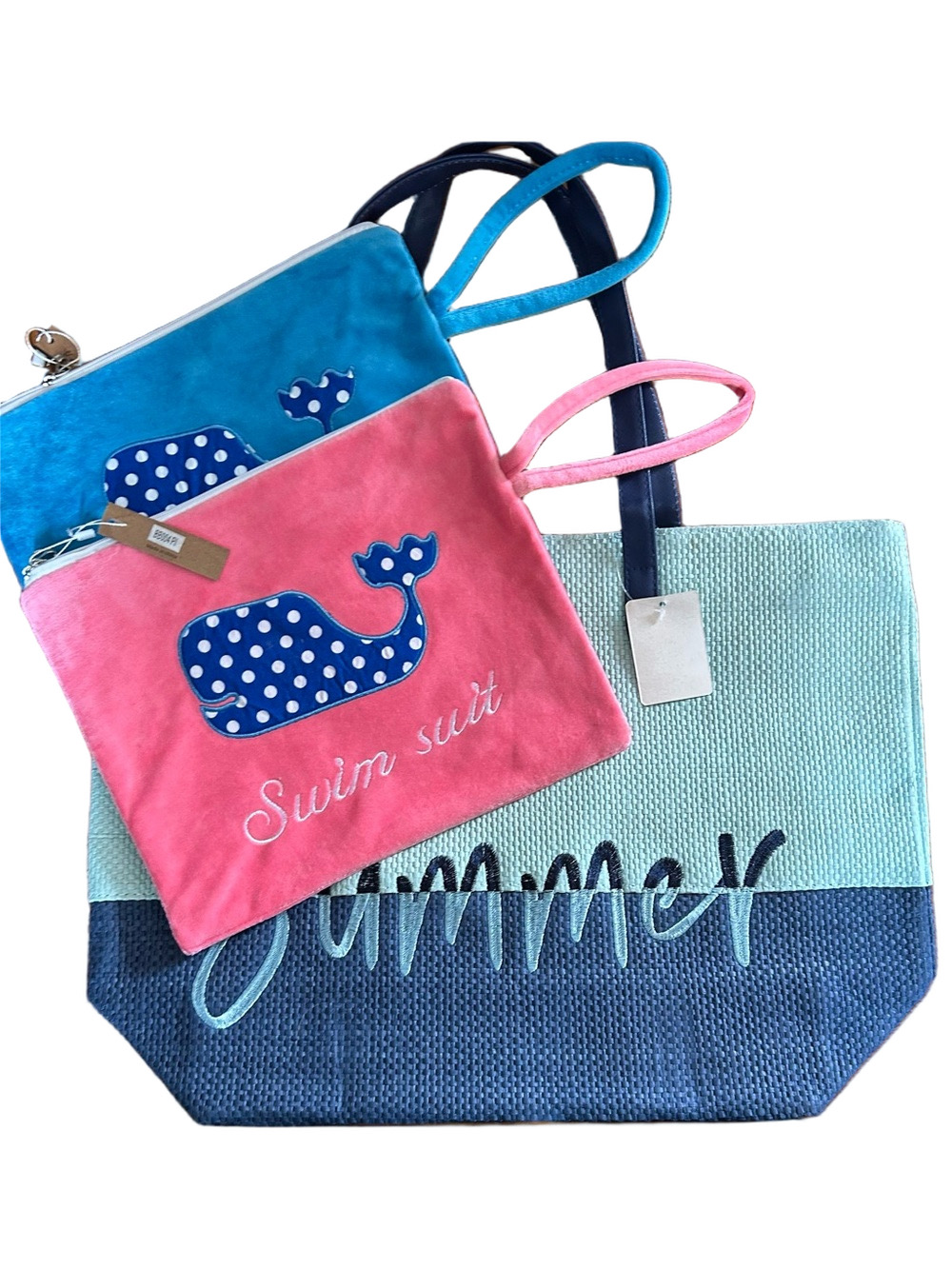 Summer Tote Bag with Pink & Blue Whale Wet Bikini Bag Pouches